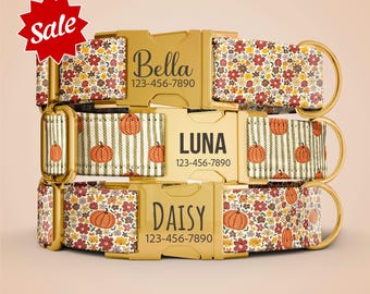 Personalized Flower Dog Collar with Leash, 2026 Girl Dog Collar, Pumpkin Thanksgiving Collar Name Engraved Female Dog Collar & Leash OP-234