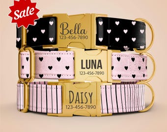 Personalized Valentine's Day Pink Heart Dog Collar With Gold Buckle, Custom Name Engraved OP-200