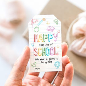 Printable Back To School Favor Tag, Happy First Day of School, Notepad Editable Tag, First Day of School Treat Tags, Instant Download T128
