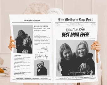 Plantilla editable de periódico para el Día de la Madre, envoltorio imprimible para ramo de flores del Día de la Madre, plantilla digital para Canva, regalo personalizado de última hora para mamá / N10