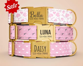 Personalized Pink Heart Dog Collar With Leash, Gold Buckle Engraved Name OP-205