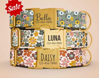 Personalized Flowers Dog Collar With Engraved Gold Buckle & Leash OP-227