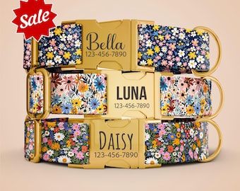 Personalized Floral Dog Collar with Leash, Girl Flowers Dog Collar, Dog Collar with Name Engraved, Female Dog Collar OP-18