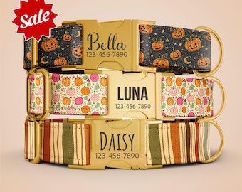Halloween Pumpkin Dog Collar, Custom Engraved Metal Buckle Collar Adjustable Dog Collar with Leash Personalized Trick or Treat Collar OP-245