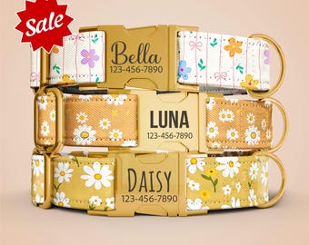Personalized Daisy Floral Dog Collar With Leash, Gold Buckle, Custom Name OP-217