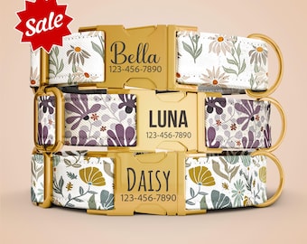Personalized Floral Dog Collar With Leash, Spring Flowers Gold Buckle Engraved Name & Number OP-201