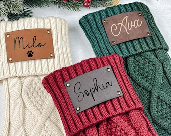 2025 Personalized Christmas Stockings, Engraved Leather Patch Stockings, Christmas Stockings with Name, Holiday Stockings ,Knit Stockings S1