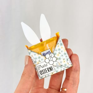 Può includere: Una piccola scatola regalo a fantasia floreale con orecchie di coniglio bianche attaccate. La scatola contiene una barretta di cioccolato gialla e presenta le parole "Frohe Ostern!" e una grafica floreale. La scatola è tenuta in mano.