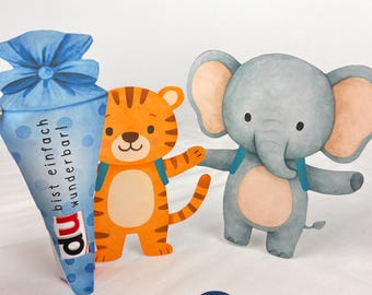 Duplo Einschulung Vorlage: Safari-Tiere mit Schultüte, Druckvorlage PDF | Schulanfang