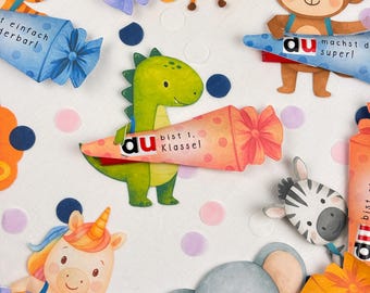 Duplo Einschulung Vorlage: Safari-Tiere mit Schultüte, Druckvorlage PDF | Schulanfang