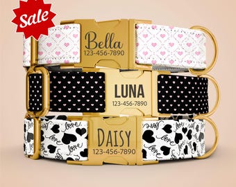 Personalized Heart Dog Collar With Leash, White & Black, Quick-release Buckle, Name Engraved OP-208