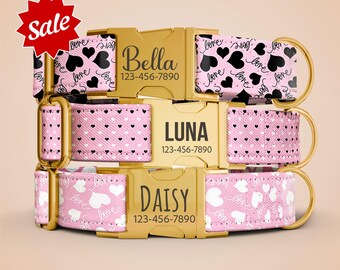 Personalized Pink Heart Dog Collar With Leash — Gold Buckle, Custom Name OP-204