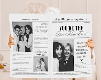 Modello di giornale modificabile per la Festa della Mamma, confezione regalo stampabile per il bouquet della Festa della Mamma, modello digitale Canva, regalo personalizzato dell'ultimo minuto per la mamma / N7