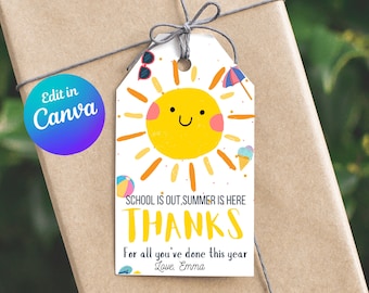 Teacher Appreciation Gift Tag, ummer Sun Gift Tag, Sunshine Thank You Gift Tag, Personalizable Thanks Gift Tag, SEnd of School Year Tag T4