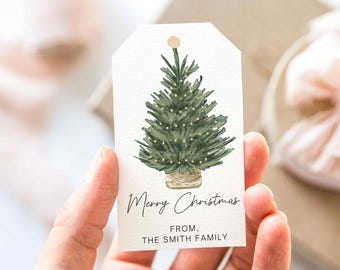 Könnte beinhalten: Ein weißes Geschenk-Etikett mit einer Aquarell-Illustration eines grünen Weihnachtsbaums, der mit kleinen Lichtern geschmückt ist. Auf dem Etikett steht "Merry Christmas" und "From, The Smith Family" in eleganter Schrift.