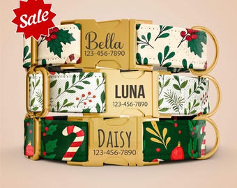 Personalized Christmas Dog Collar With Leash, Gold Buckle Festive Holly Design OP-161