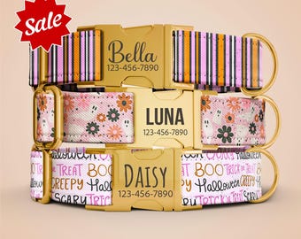 Pink Halloween Dog Collar, Pink Flowers Girl Dog Collar, Name Engraved Dog Collar Engraved Pet Collar OP-239