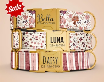 Personalized Flower Dog Collar with Leash, Girl Dog Collar, Dog Collar with Name Engraved, Female Dog Collar with Leash OP-243