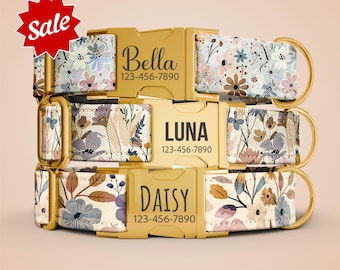 Personalized Floral Dog Collar with Leash, Girl Dog Collar, Dog Collar with Name Engraved, Female Dog Collar with Leash OP-42