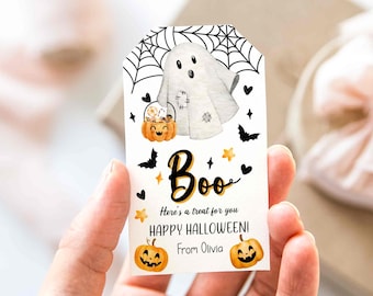 Editable Happy Halloween Favor Tags, Ghost Treat Tag, Trick Or Treat Favor Tags, Gift Tags Personalized Digital Download, Printable Tag T73