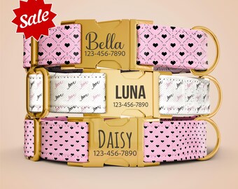 Personalized Pink Love Hearts Dog Collar With Gold Buckle And Leash OP-206