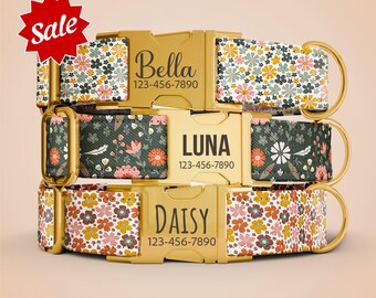 Personalized Floral Dog Collar with Leash, Girl Flowers Dog Collar, Dog Collar with Name Engraved, Female Dog Collar OP-16
