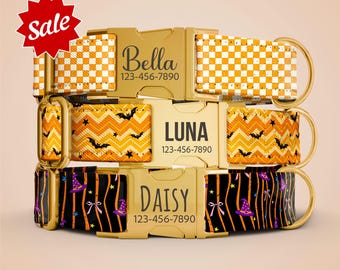 Orange Halloween Dog Collar, Girl Dog Collar, Name Engraved Dog Collar Engraved Spoooky Halloween Pet Collar OP-233