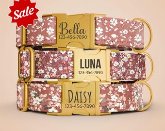 Personalized Flower Dog Collar with Leash, 2026 Girl Dog Collar, Collar with Name Engraved Female Dog Collar & Leash OP-238