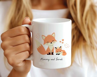Personalized Mother Gift Mug, Mom and Me Mug, Personalized Ceramic Mug From Kid, Cute Foxes, Fox Custom Name Mug Christmas Mug For Mum M3
