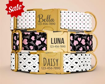 Personalized Valentine's Day Dog Collar With Leash, White Pink Collar, Engraved Name Buckle OP-207