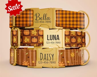 Fall Dog Collar, Custom Engraved Metal Buckle Collar, Adjustable Dog Collar with Leash OP-236