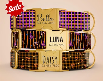 Halloween Dog Collar with Leash, Girl Dog Collar, Dog Collar Name Engraved, Personalized Fall Halloween Collar OP-232