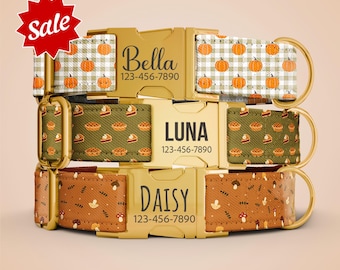 Thanksgiving Pumpkin Dog Collar, Custom Engraved Metal Buckle Collar, Adjustable Dog Collar & Leash, Personalized Collar OP-235