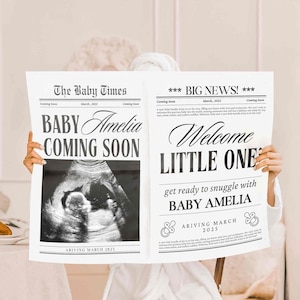 Könnte beinhalten: Eine schwarz-weiße Zeitungsanzeige im Stil einer Babyparty. Die Schlagzeile lautet "BIG NEWS!" und "BABY Amelia COMING SOON" mit einem Ultraschallbild. Der Text lautet außerdem "Welcome Little One" und "get ready to snuggle with BABY Amelia" mit dem Ankunftsdatum März 2025.