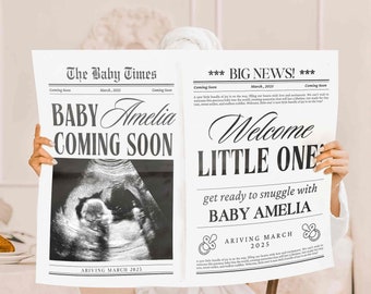 Anúncio de gravidez em formato de jornal grande, anúncio de nascimento do bebê em jornal, chá de bebê em jornal, modelo editável do Canva, download instantâneo B1