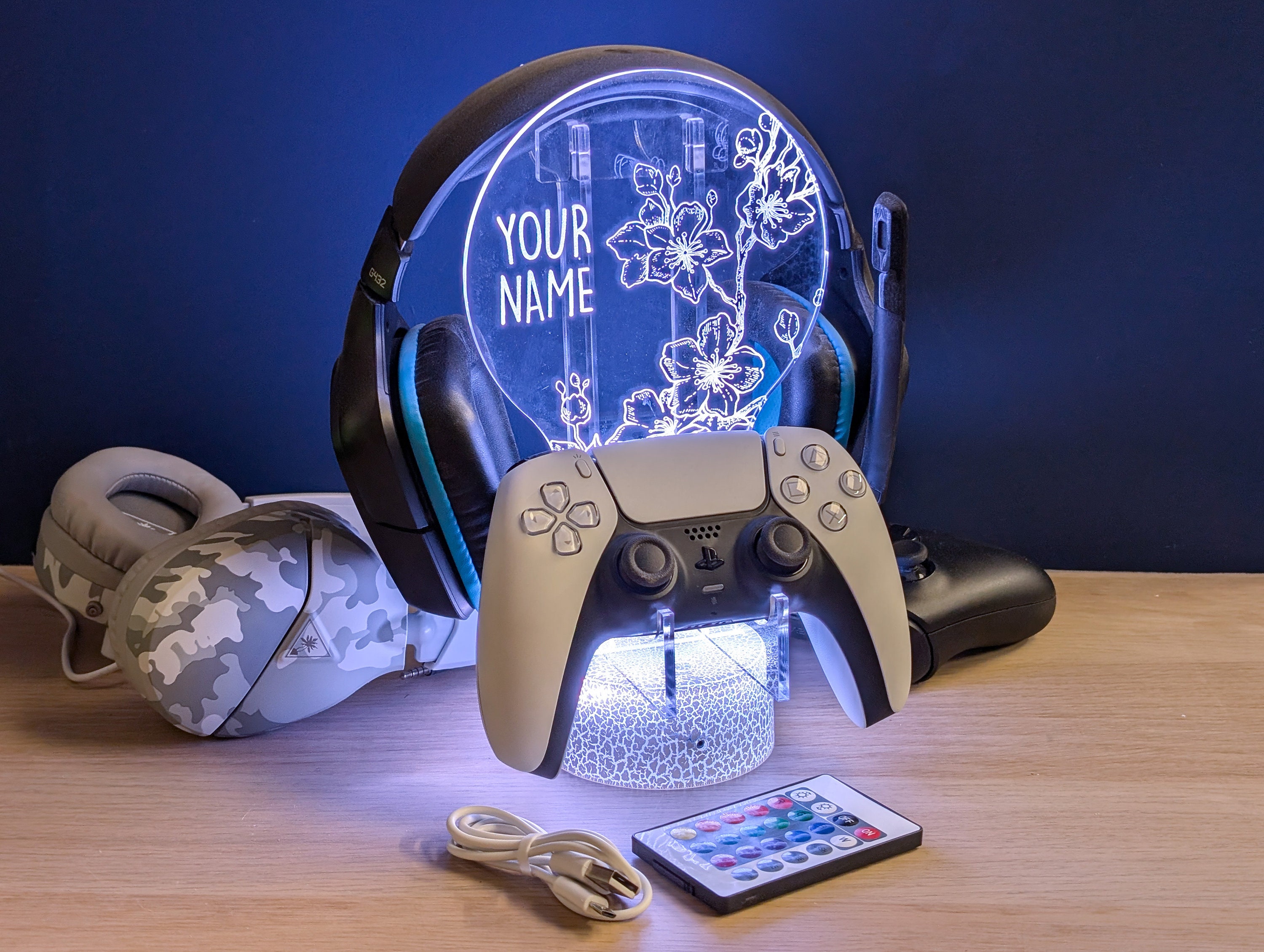 LED Controller Holder and Headset Gaming Station with White Crackle Colour Changing Light Base – Sakura - Gift Idea - Gift for Him