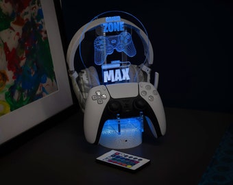 LED Controller Holder and Headset Gaming Station with White Crackle Colour Changing Light Base – Gamer Zone - Gift Idea - Gift for Him
