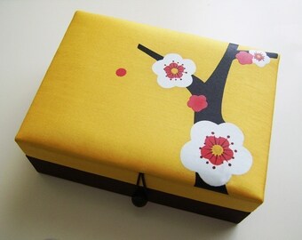 Yellow and chocolate brown Cherry blossoms jewelry box, large