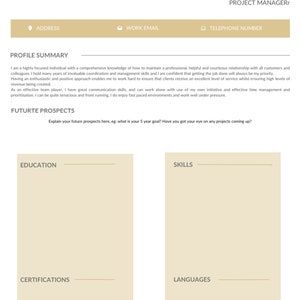 May include: A resume template with the name Francesca Patterson and the title Project Manager. The resume includes sections for profile summary, future prospects, education, skills, certifications, and languages.