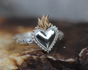 Sacred Heart Ring*Solid Sterling Silver * Sacred Heart Ring * Milagro * Flaming Heart Ring * Stacking Silver Ring*Corazon Sagrado** Any Size