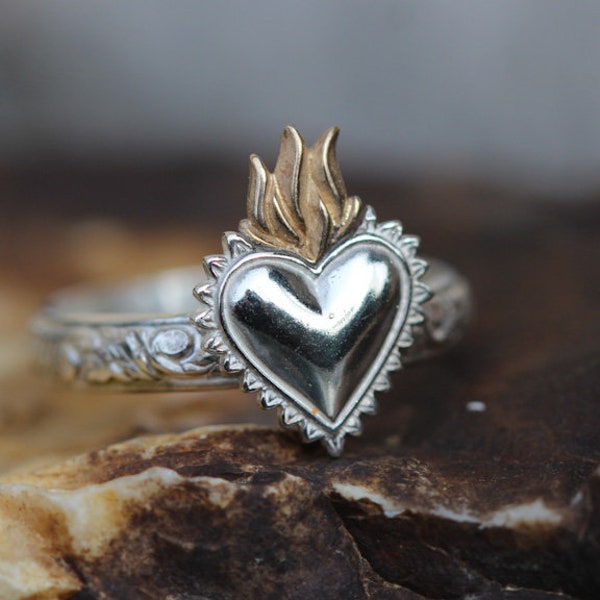 Sacred Heart Ring*Solid Sterling Silver * Sacred Heart Ring * Milagro * Flaming Heart Ring * Stacking Silver Ring*Corazon Sagrado** Any Size