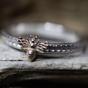 Bee Ring * Bumble Bee Ring* Honeycomb Pattern*  Solid Sterling Silver  * Bronze Bee *  Stacking Ring *   Any size