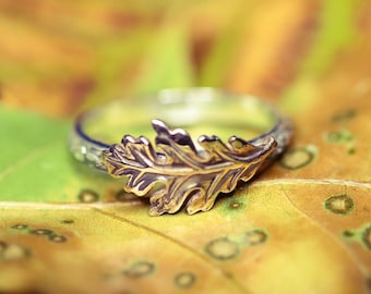 Puede incluir: Un anillo de plata con un diseño detallado de hoja de roble dorada. El anillo se encuentra sobre un fondo borroso de una hoja amarilla y verde, creando una estética inspirada en la naturaleza. La banda del anillo tiene un patrón texturizado.