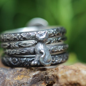 Kitty Ring * Cat Ring * SILVER Stacker Ring Set * ANTIQUED or Shiny*  sterling silver Stacking Rings * set of 4 *Any Size