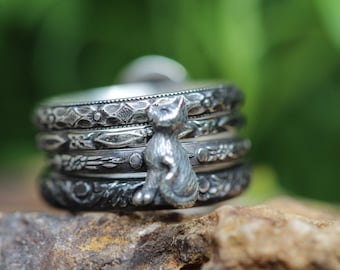 Kitty Ring * Cat Ring * SILVER Stacker Ring Set * ANTIQUED or Shiny*  sterling silver Stacking Rings * set of 4 *Any Size