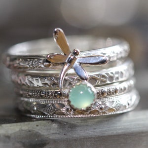 Dragonfly Ring Set*  Chrysoprase* Solid Sterling Silver * Stacking Bands * Any Size