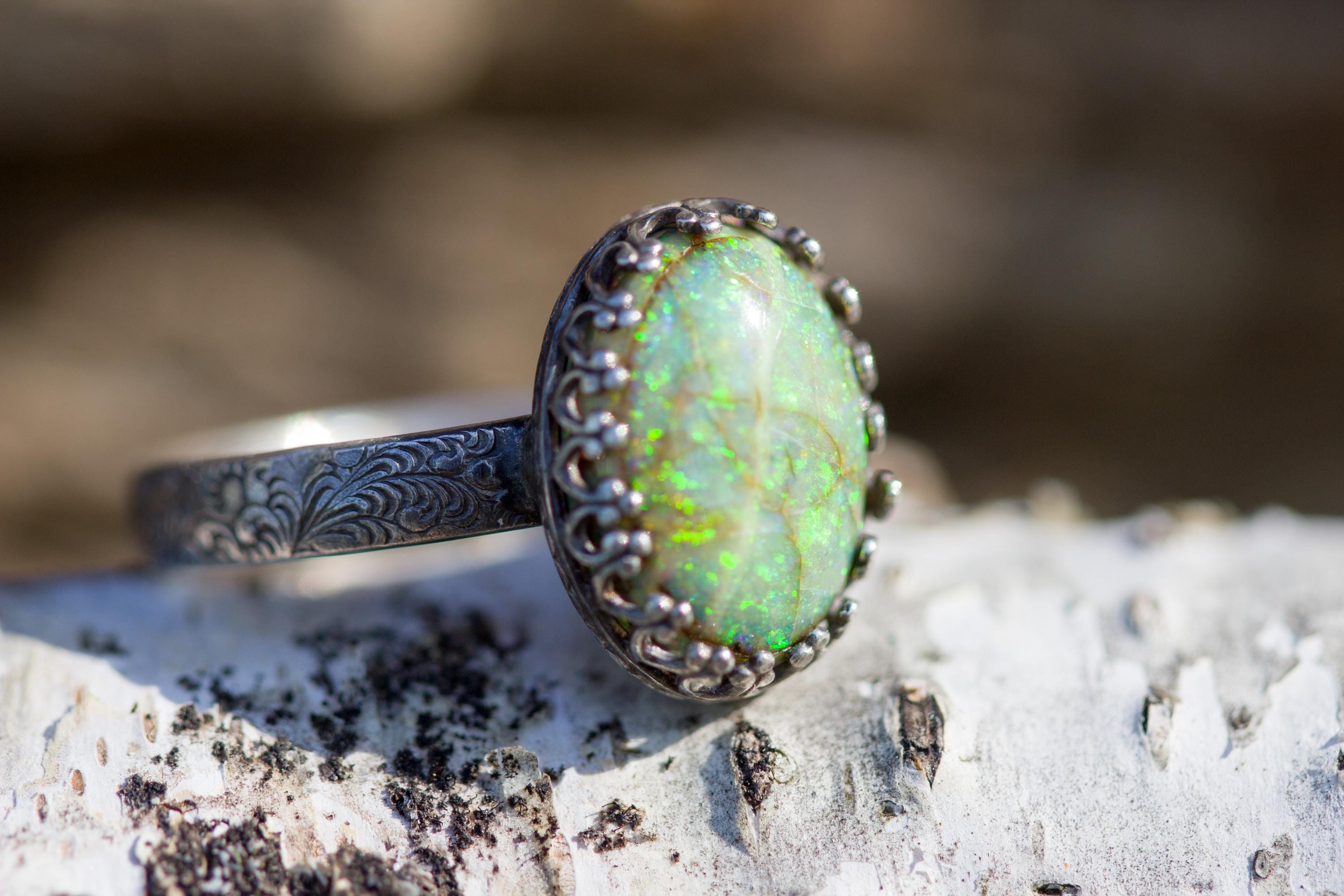 Monarch Opal Sterling Silver Ring: Peacock Band, Green Yellow