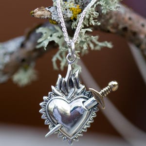 Sacred Heart Sword Necklace * Sagrado Corazon Pendant Devotion Necklace * 25mm Pendant* 20&quot; Adjustable Chain * Solid Sterling and Bronze*