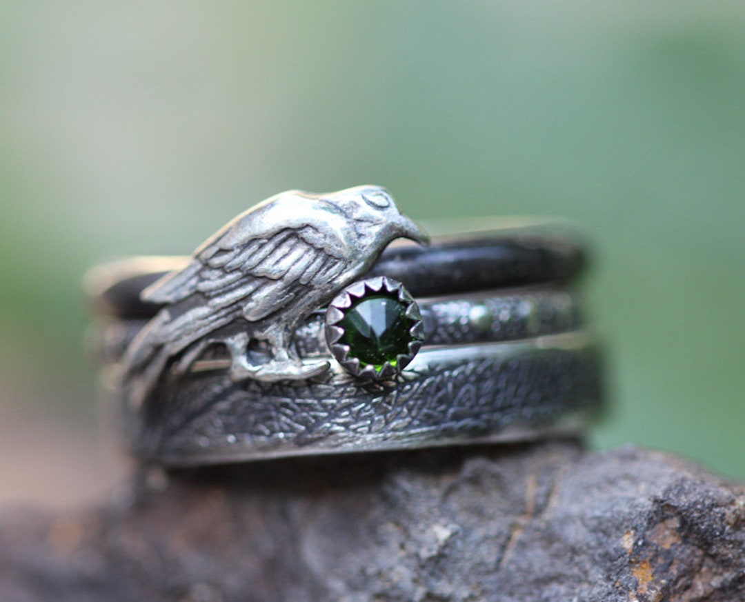 Dual Raven Rings RAVEN Ring stacking Set of 3 SOLID Sterling SILVER Chrome Diopside ...