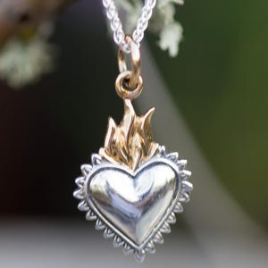 Sacred Heart Necklace * Sagrado Corazon Pendant Devotion Necklace * 18mm Pendant* 20&quot; Adjustable Chain * Solid Sterling and Bronze* Catholic